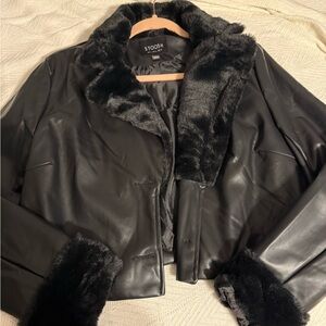 Stoosh Black Leather Jacket with Faux Fur Trim